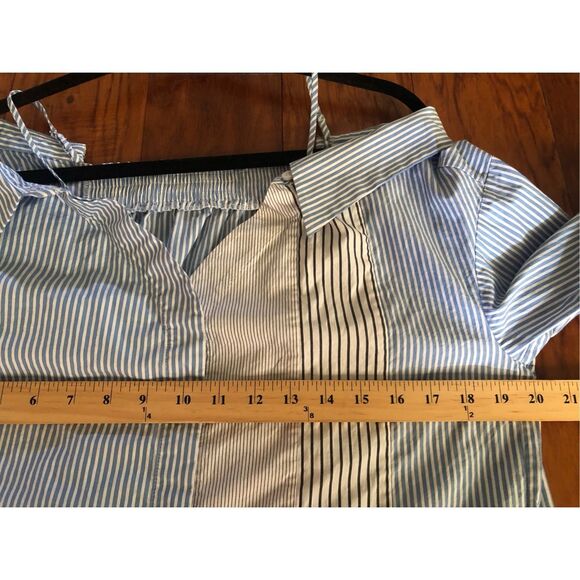 Mo & Co Fashion Striped Patchwork Cut Shoulder Shirt SZ L - Picture 6 of 9